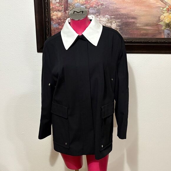 Escada Black Full Zip Lined Jacket White Removable Collar Sz 44/US Lg 12 Stretch - Picture 1 of 16